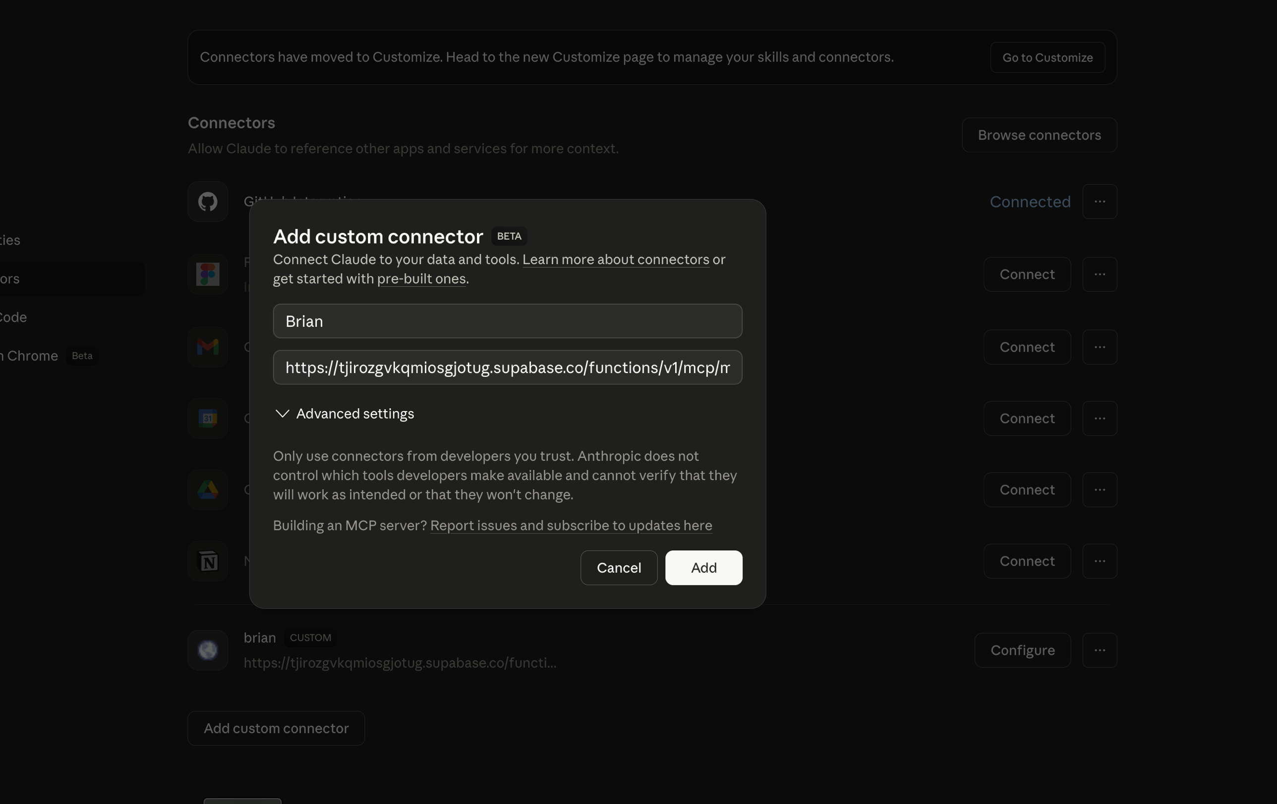 Claude Add custom connector dialog with the name set to Brian and the connection URL pasted in