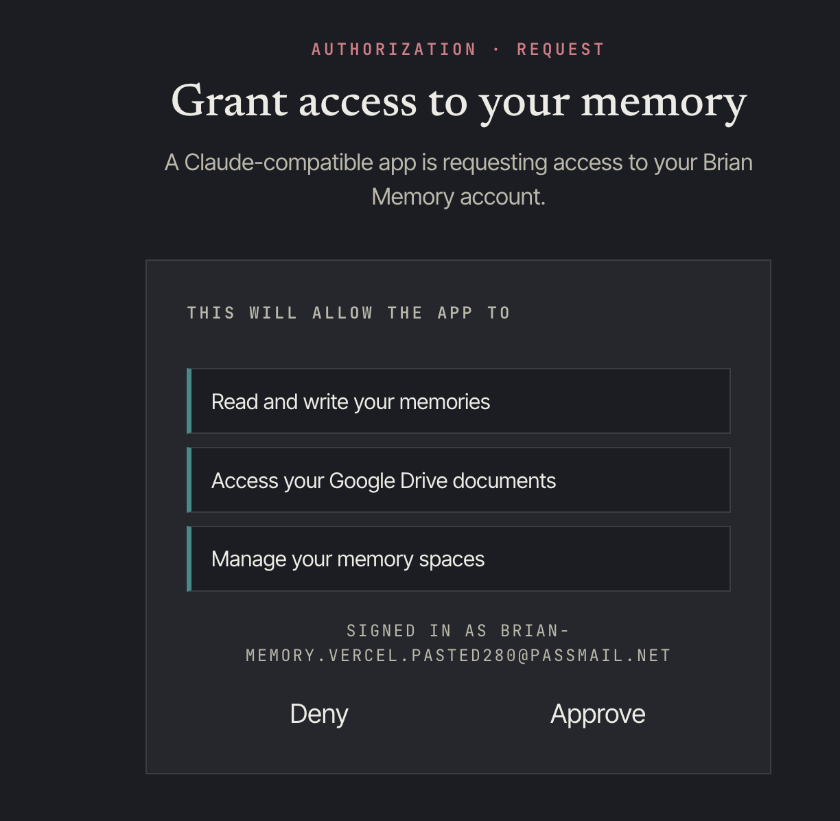 Brian authorisation screen — Grant access to your memory, with Approve and Deny buttons
